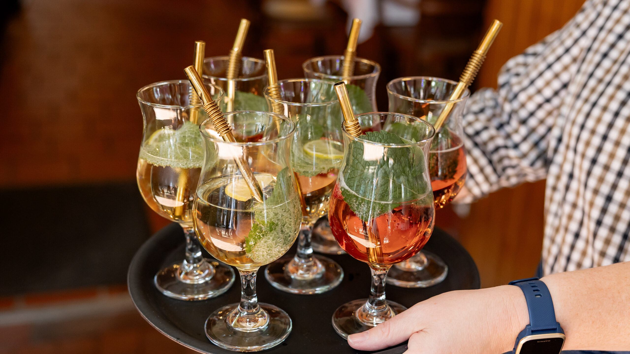 Tablett mit Aperitif-Gläsern - erfrischender Empfangdrink bei einer Feier auf Bussjans Hof.